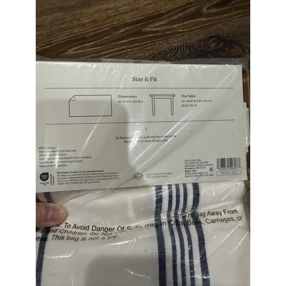 Threshold Rectangular Tablecloth 60x120 Navy Blue White Striped 100% Cotton NEW